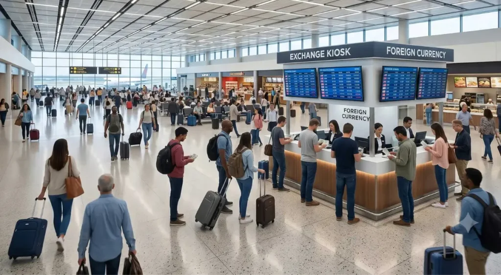Airport currency exchange kiosk with high rates, why exchanging in Sydney CBD is better