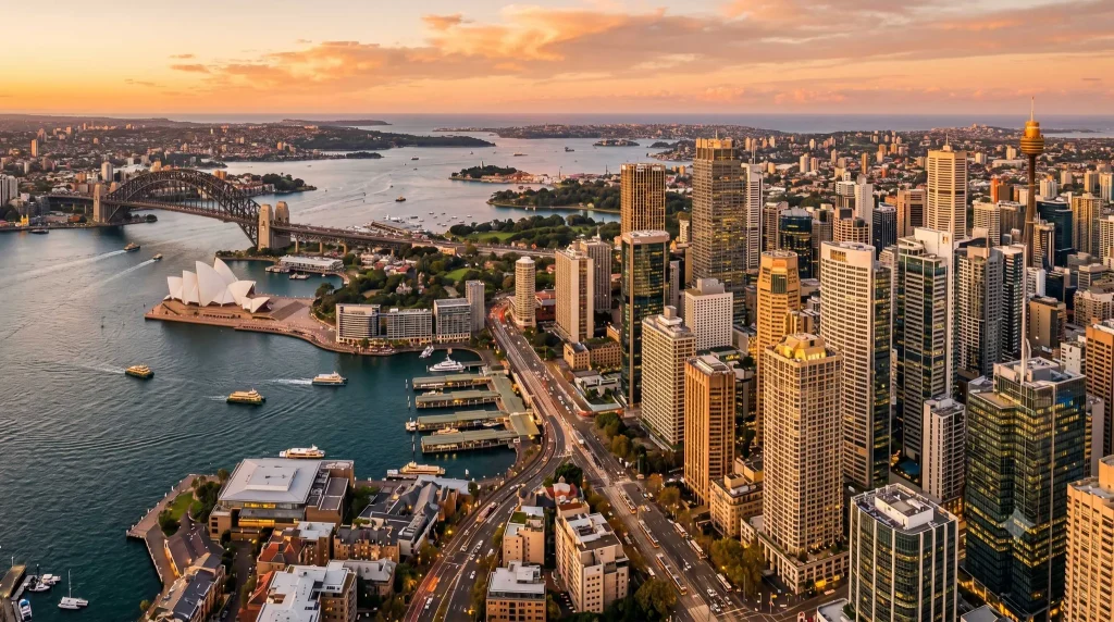 Aerial view of Sydney CBD where Sekeh Currency Exchange offers competitive rates